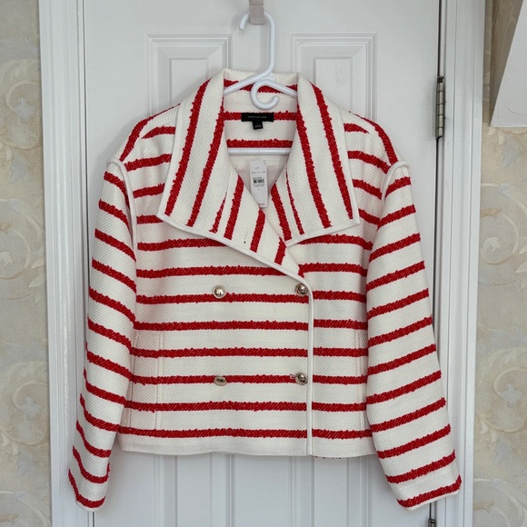 Ann Taylor Jackets & Blazers - Ann Taylor Striped Red and White Double-breasted Cotton Blend Tweed Jacket. NWT